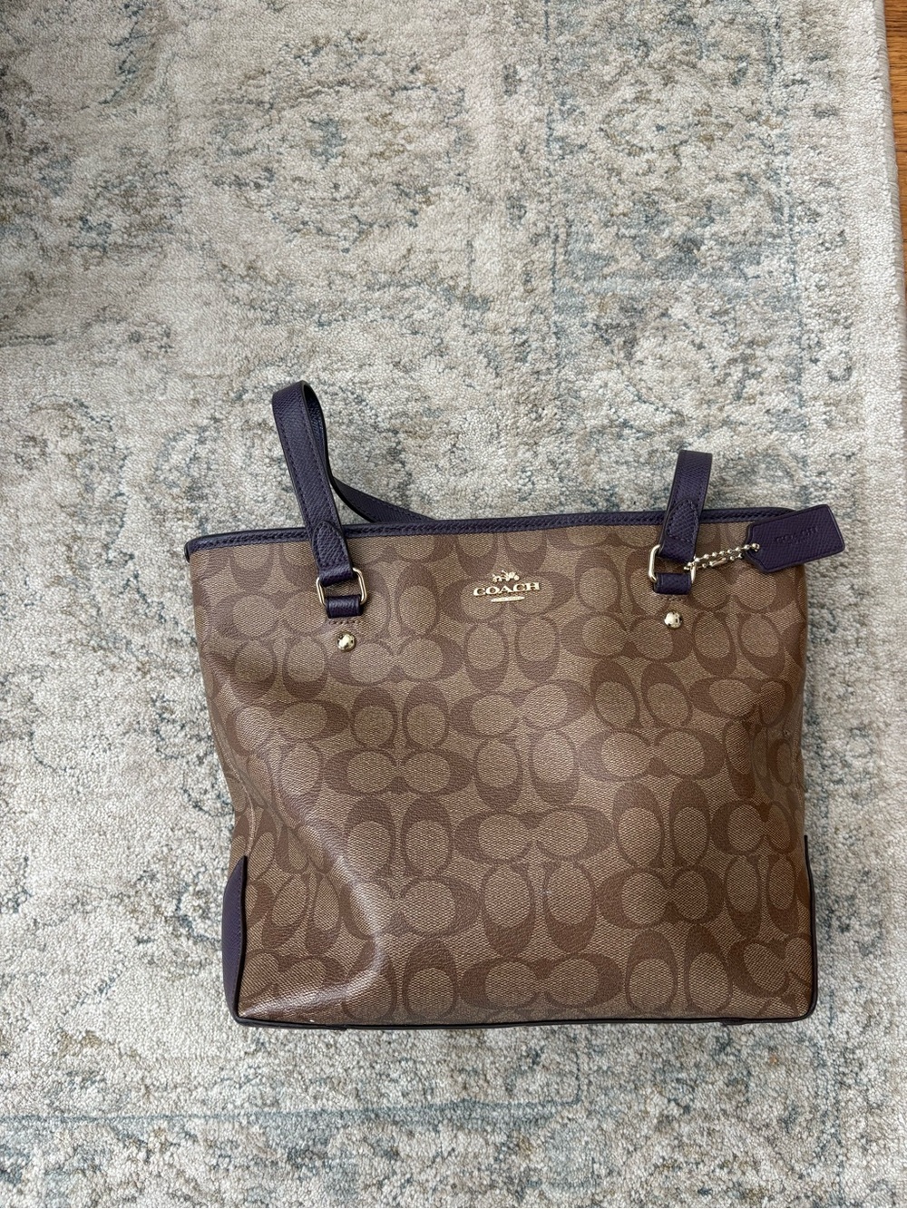 Coach Brown Signature Canvas Tote with Purple Trim